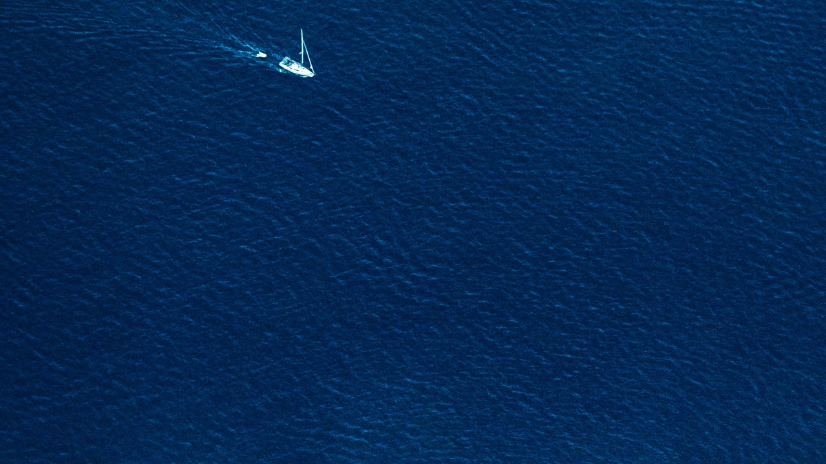 A birdeye view of a cruise ship sailing in the sea
